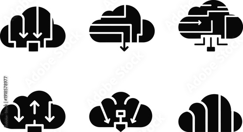 Collection of stylized cloud icons with abstract circuit board designs