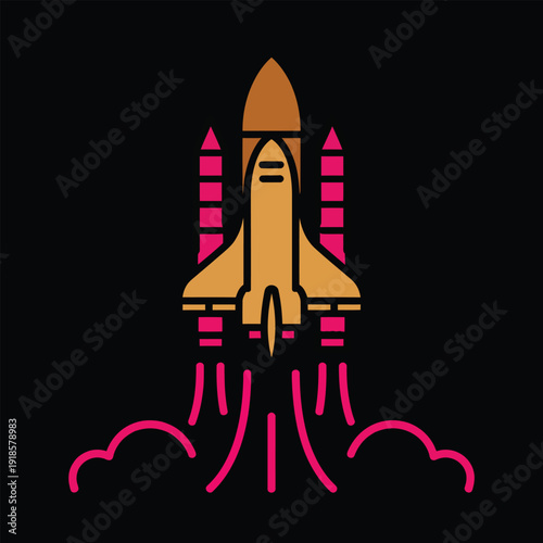 Stylized neon outline illustration of a space shuttle launching with vibrant pink exhaust plumes against a dark background, symbolizing progress and exploration.