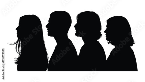 Four silhouettes of people standing together in a line against a white background isolated on white background, Vector