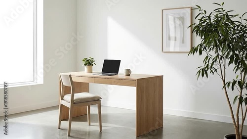 Modern Home Office Laptop on Desk with Chair with Sunlight, and Minimalist Interior.