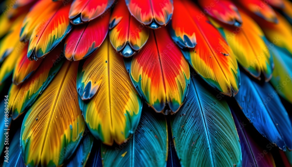 Obraz premium A vibrant display of bird feathers in colors of red, green, yellow, blue, and purple with hints of black, arranged to create a fan like pattern against a neutral background.