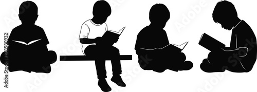 Black silhouette of young children sitting and reading books, isolated on white background, concept of education, learning, knowledge, and childhood imagination development.