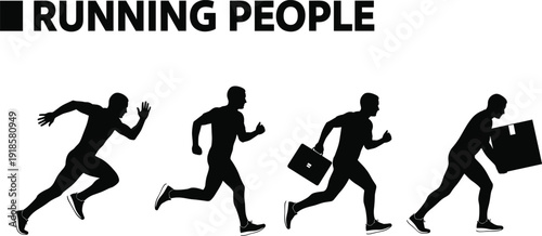 Black silhouette set of people running in different poses, including a sprinter, a man with a briefcase, and a person carrying a cardboard box.