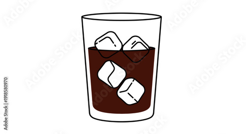 A simple line drawing of a glass filled with dark brown liquid and ice cubes.