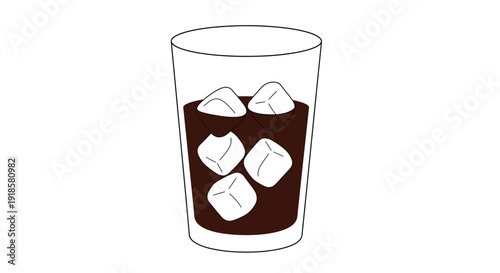 A simple line drawing of a glass filled with dark brown liquid and ice cubes.