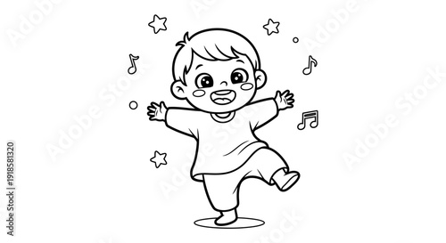 Happy Child Dancing with Music Notes Stars.