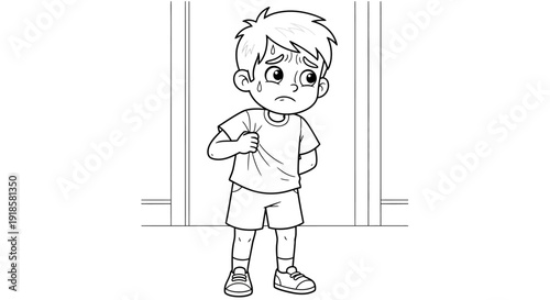 Sad Boy with Bruise on Forehead Standing.