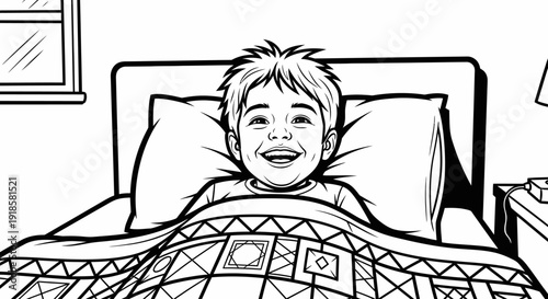 Smiling child in bed happy.