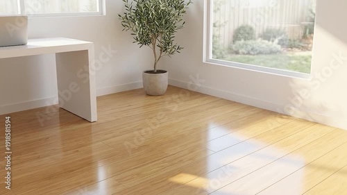 Bright with Sunny Home Office Interior with Wooden Floors, and Laptop  Olive Tree.