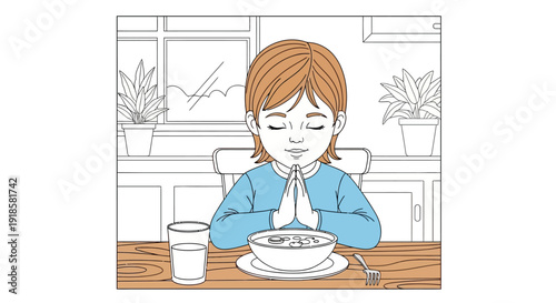 Young girl praying before eating meal.