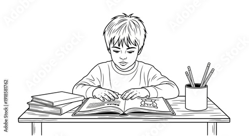 Young boy reading book at desk.