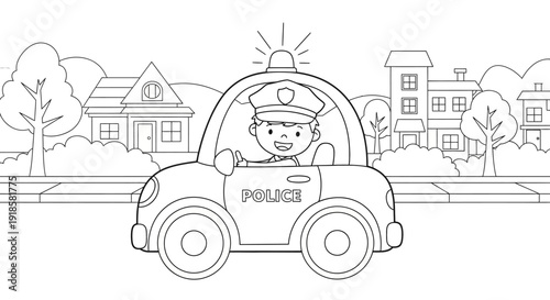 Smiling cartoon police officer driving car.