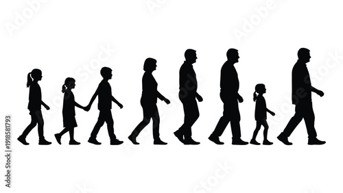 Silhouettes of people walking in a line from childhood to adulthood. isolated on white background, Vector
