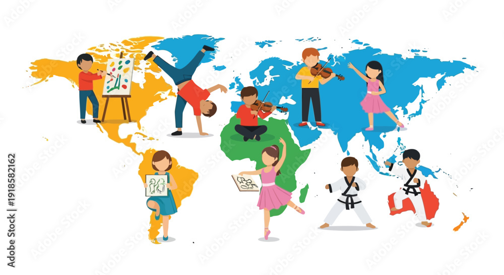 Fototapeta premium Diverse children around the world engaging in various cultural and recreational activities like art, music, dance, and martial arts on a colorful world map background.