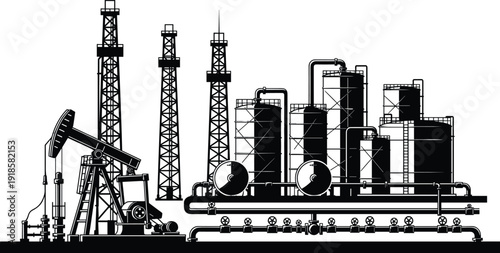 Oil refinery plant with pump jack and storage tanks silhouettes, petroleum industry extraction and processing vector illustration, energy production concept isolated on white background