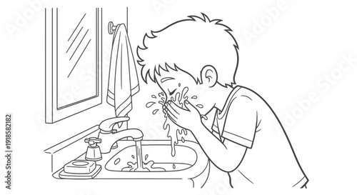 Boy washing face in sink.