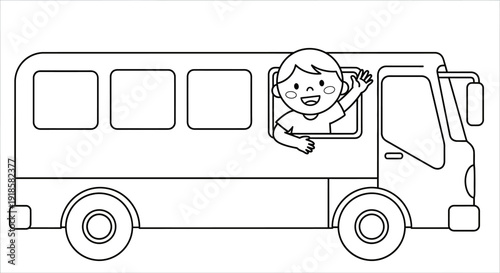Smiling Child Waving From Bus Window.
