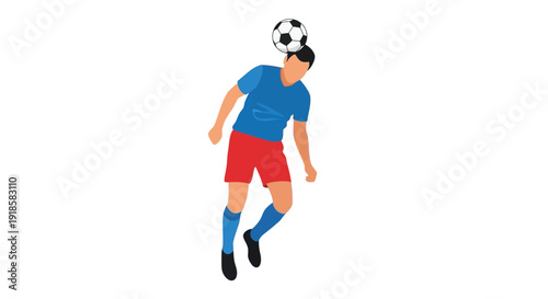 A male soccer player in a blue shirt and red shorts heading a soccer ball, isolated on a white background.