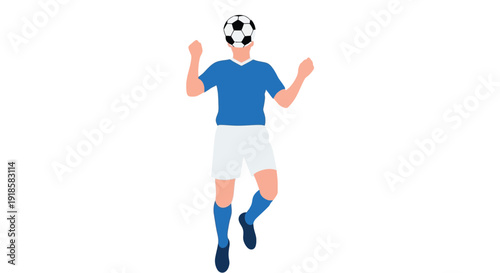 A male soccer player in a blue uniform heading a black and white soccer ball with arms raised in a dynamic pose on a white background.