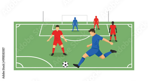 A soccer player in a blue uniform is kicking the ball on a green field during a football match, with other players and a goal in the background.