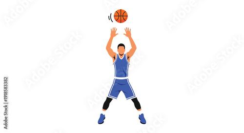 A male basketball player in a blue uniform performing a jump shot with the ball in the air against a clean white background.
