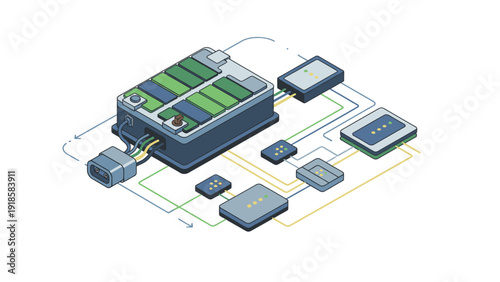Isometric illustration of a complex system with interconnected components and modules in shades of blue and green on a white background.