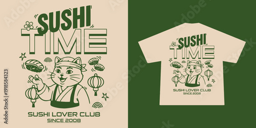Retro style sushi mascot illustration for t-shirt printing. Funny chef character holding sushi. Perfect for street food brand, fast food restaurant, cafe merchandise, apparel, and packaging design