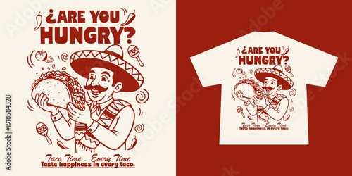 Retro style taco mascot illustration for t-shirt printing. Funny chef character holding taco. Perfect for street food brand, fast food restaurant, cafe merchandise, apparel, and packaging design