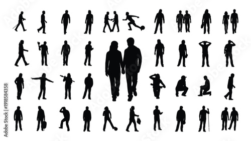 Silhouettes of people engaged in various activities and poses in a diverse collection. isolated on white background, Vector