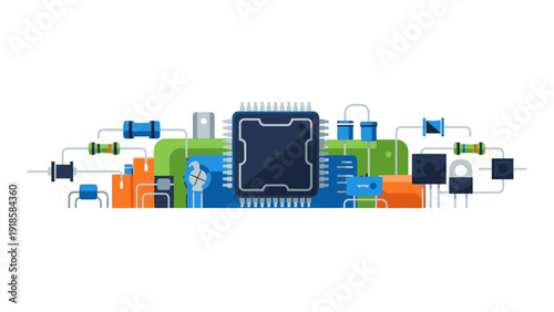 Flat lay of a colorful computer motherboard with various components and wires on a white background with a technological and industrial mood.