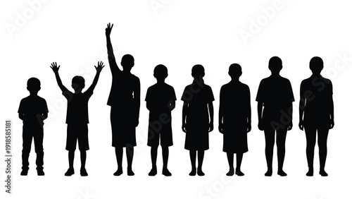 Silhouette of diverse children standing in a line with one raising their hand. isolated on white background, Vector
