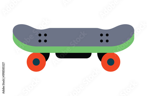 Flat design illustration of a skateboard with a grey deck, green edges, and bright orange wheels on a white background.