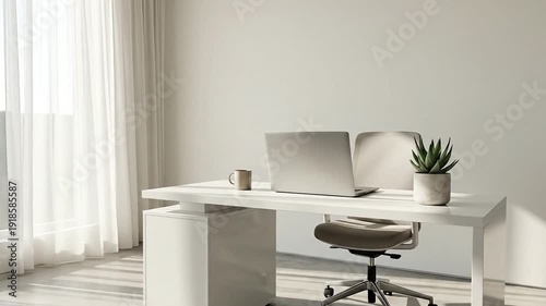 Modern workspace minimalist desk with open laptop, plant, mug, sunlight, and bright.