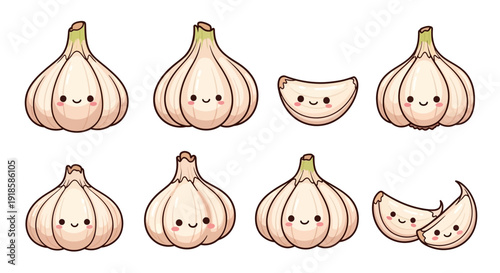 Collection of cute garlic bulb and clove characters with happy faces