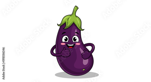 Happy eggplant cartoon character with big eyes and a friendly smile