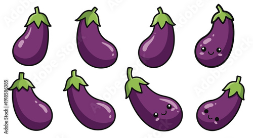 Collection of purple eggplant illustrations featuring whole vegetables and cute emoji characters