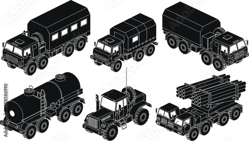 Black isometric vector silhouette set of military trucks transport vehicles fuel tankers and rocket launchers for defense industry logistics army and armored warfare branding