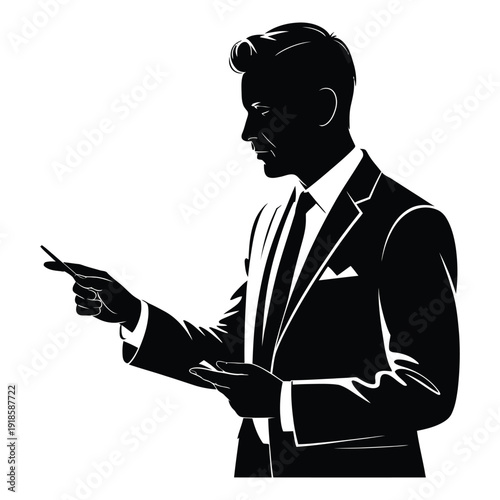 Elegant businessman silhouette giving presentation confident corporate leader explaining strategy professional lecturer gesturing while speaking business communication