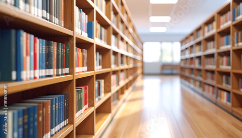 Blurry library shelves with books in a long corridor.