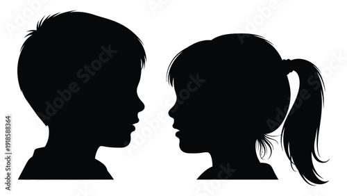 Two silhouetted children facing each other with a sense of curiosity and connection. isolated on white background, Vector