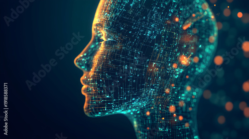 Wallpaper Mural Digital human head made of glowing binary code lines in futuristic neon blue and orange lights profile view Torontodigital.ca