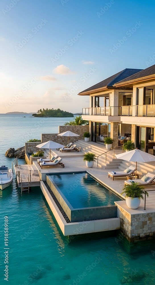 Fototapeta premium Luxury waterfront villa with infinity pool and ocean view.