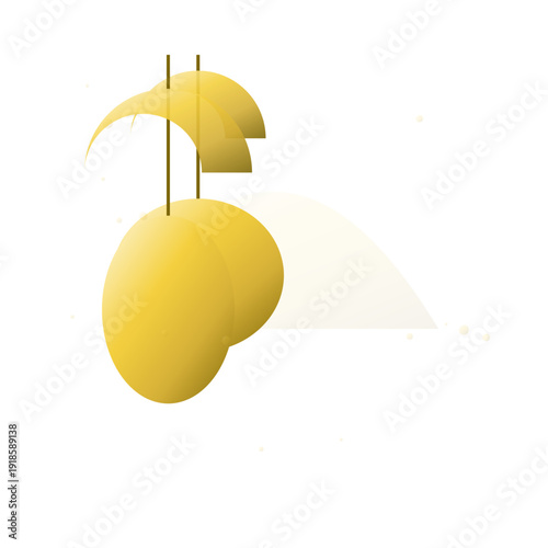 Yellow lemon with sliced segment hanging from thin wire.