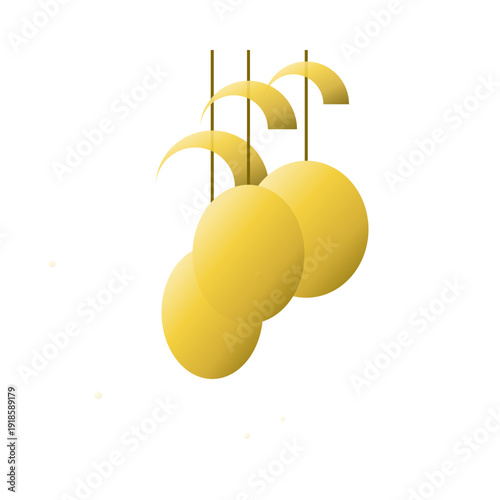 Yellow citrus fruits hanging from sticks on a white background.