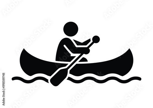 Simple black silhouette icon of a person paddling a canoe on water, representing water sports or recreation.