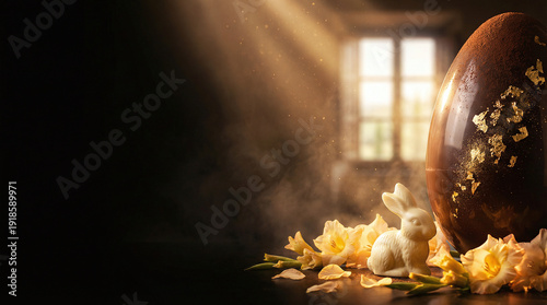 dark background with a large, shiny, brown Easter egg on the right, adorned with gold leaf. In front of the egg.