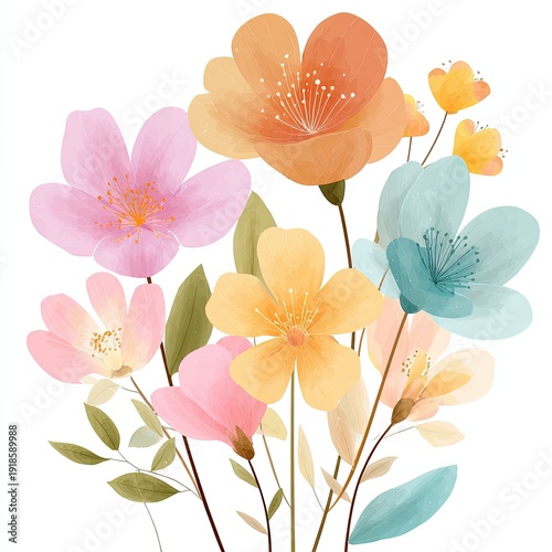 Gentle watercolor bouquet with soft pink, orange, and teal blossoms