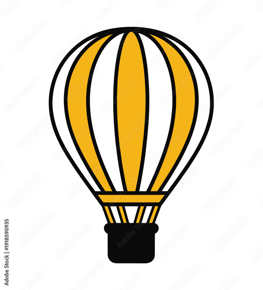 Obraz premium A graphic illustration of a hot air balloon with yellow and white stripes and a black basket.