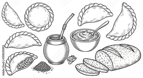 Empanadas, Mate, and Bread Sketch - Traditional South American Food and Drink