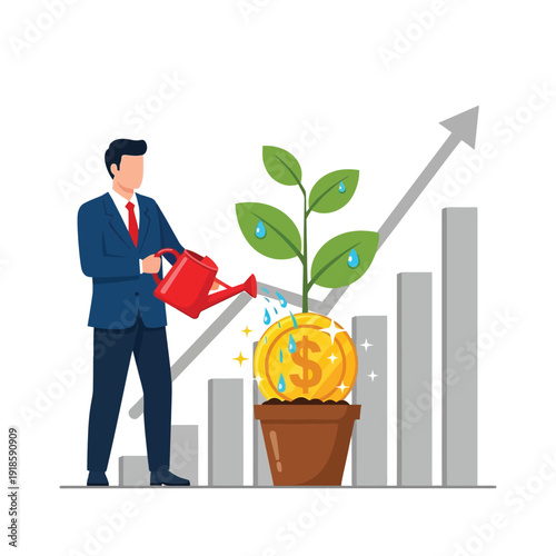Business Man Waters Money Plant Investment Growth
